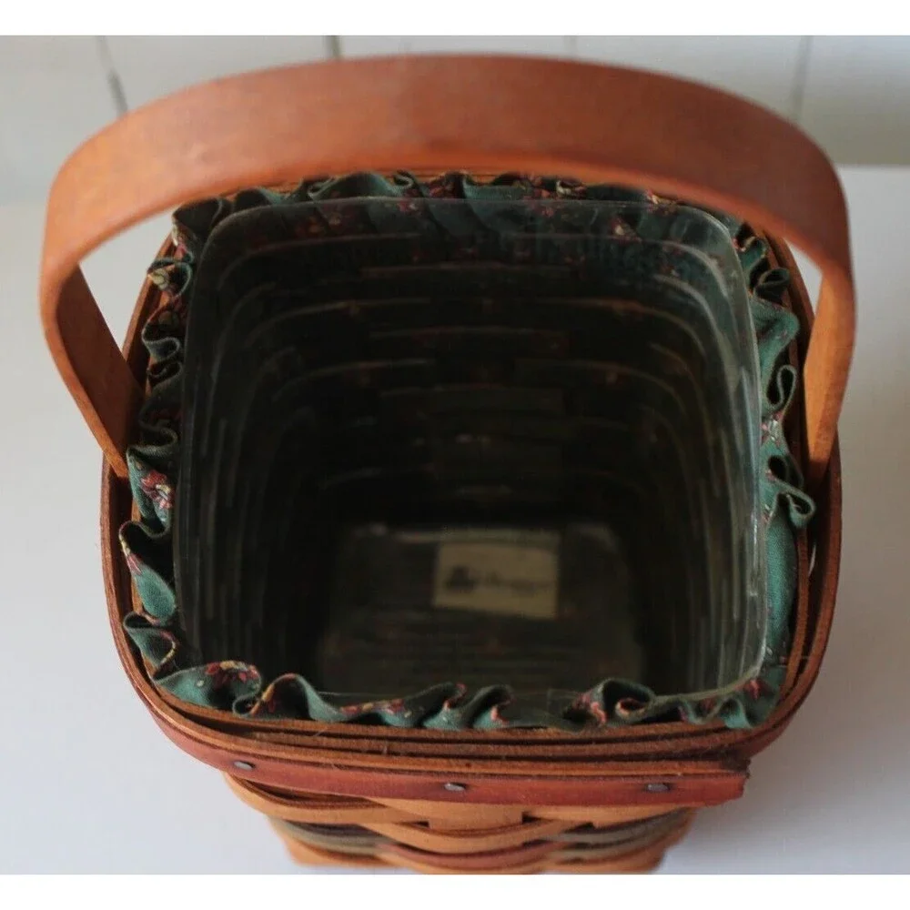 1992 Longaberger Basket Small w/ Plastic &Floral Green Liner 10